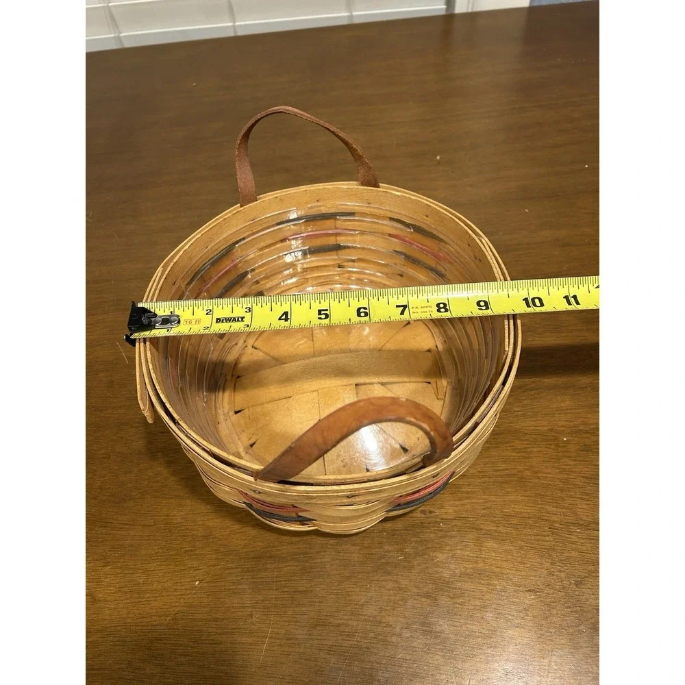 Longaberger 1999 Woven BUTTON BASKET Green Red Blue w/ Liner & Leather Handles